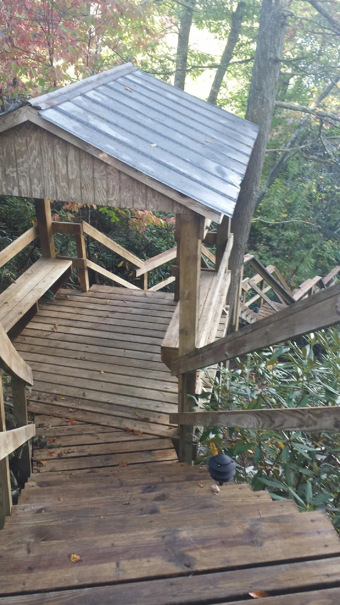 Metal roofed shelter over wooden steps on a wooded walkway — Skylight Repair & Installation work by our crew in Colfax